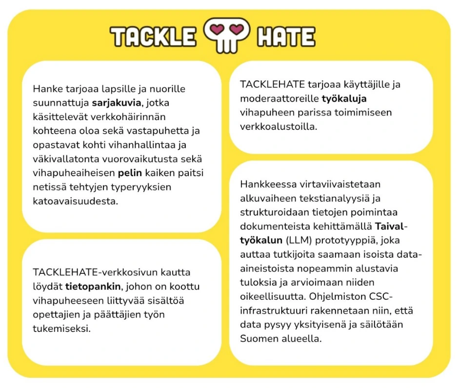 TACKLEHATE-tarjoaa käyttäjille ja moderaattoreille työkaluja vihapuheen parissa toimimiseen verkkoalustoilla.